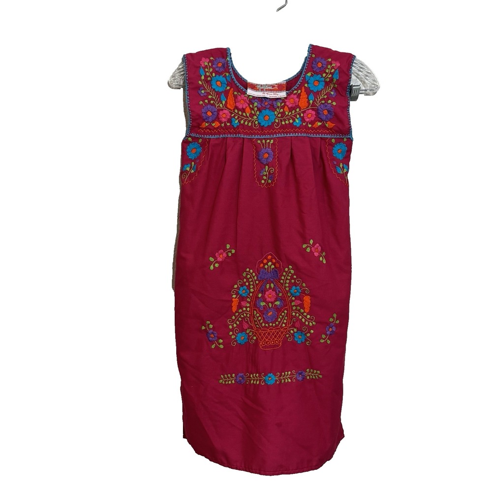 Nativa Mexican Floral Embroidered Sleeveless Dress Magenta Pink Cotton Boho S